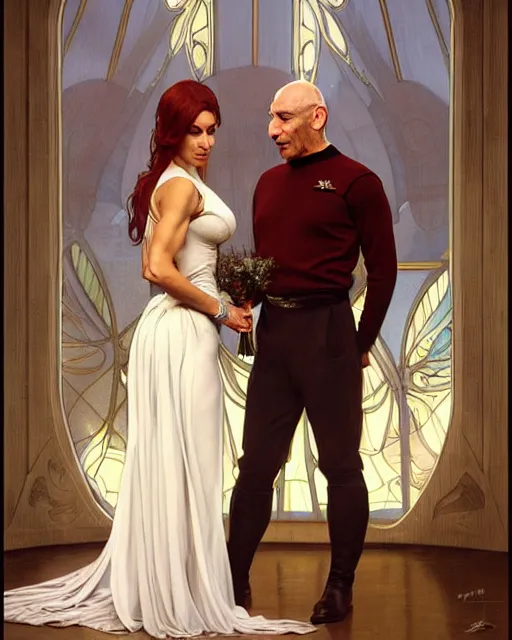 Image similar to Painting of Jean Luc Picard and Jodie Marsh getting married, real life skin, intricate, elegant, highly detailed, artstation, concept art, smooth, sharp focus, art by artgerm and greg rutkowski and alphonse mucha