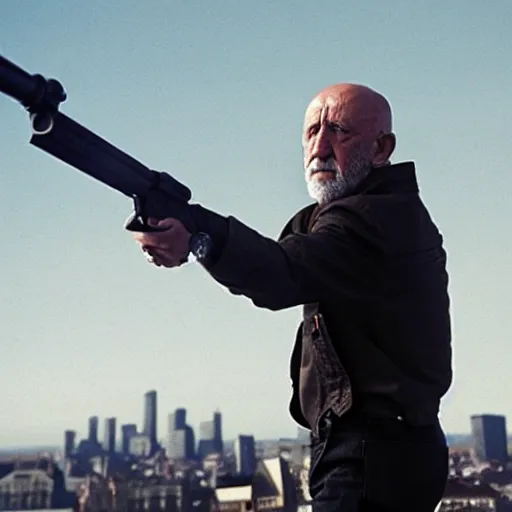 Image similar to film still of mike ehrmantraut aiming with a sniper rifle on a rooftop, 4 k, highly detailed