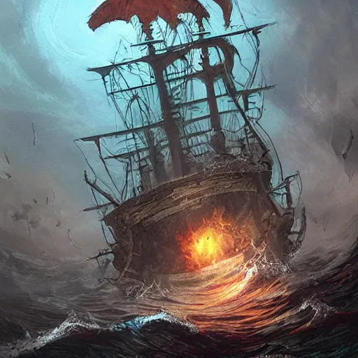 Prompt: kraken breaking a pirate ship, lovecraftian, horror, dark, scary, fantasy
