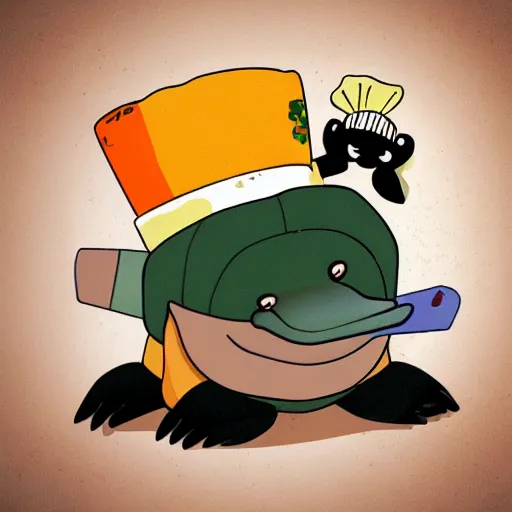 Image similar to cute platypus wearing a chef hat and holding a pizza with three basil leaves over the lasagna