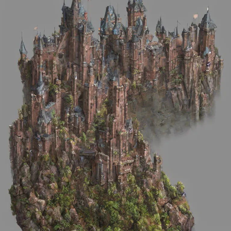 Image similar to large castle with towers by Wayne Barlow and catapults at dawn heading to the iceberg, highly detailed, painted by Wayne Barlow, Frank Lloyd Wright, trending on artstation