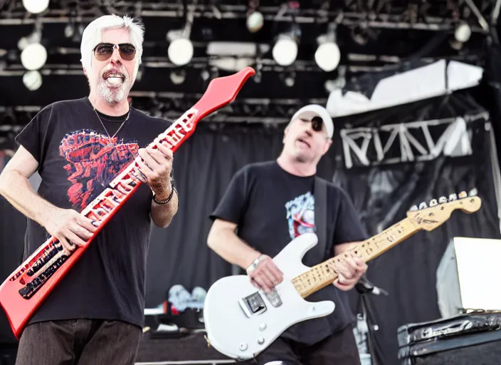 Image similar to photo still of michael mcdonald on stage at vans warped tour!!!!!!!! at age 3 8 years old 3 8 years of age!!!!!!! throwing a keytar into the crowd, 8 k, 8 5 mm f 1. 8, studio lighting, rim light, right side key light