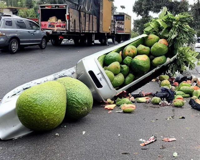 Image similar to picture of an overturned avocado truck, tons of avocados on the road that people are walking and picking up