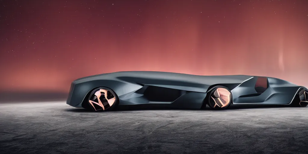 Prompt: a design of a futuristic vehicle, designed by Polestar, northern lights background, brushed rose gold car paint, black windows, dark show room, dramatic lighting, hyper realistic render, depth of field