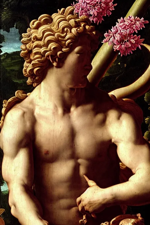 Image similar to renaissance painting of spartan, closeup, rage face closeup, emotions closeup, dressed in roman armour, the beautiful garden with liliac bush everywhere, ultra detailed, art by guido reni style, vincenzo catena style