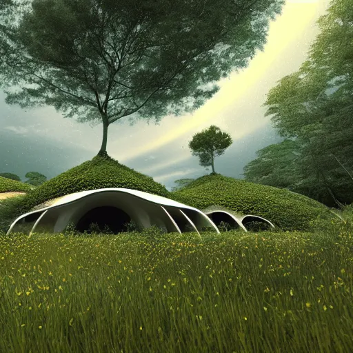 Image similar to a biotech organic living architectural building which is placed in the middle of a very detailed landscape populated insects living in harmony with nature, photorealistic, 3d, Octane Render, Cinematica, perfect lightning