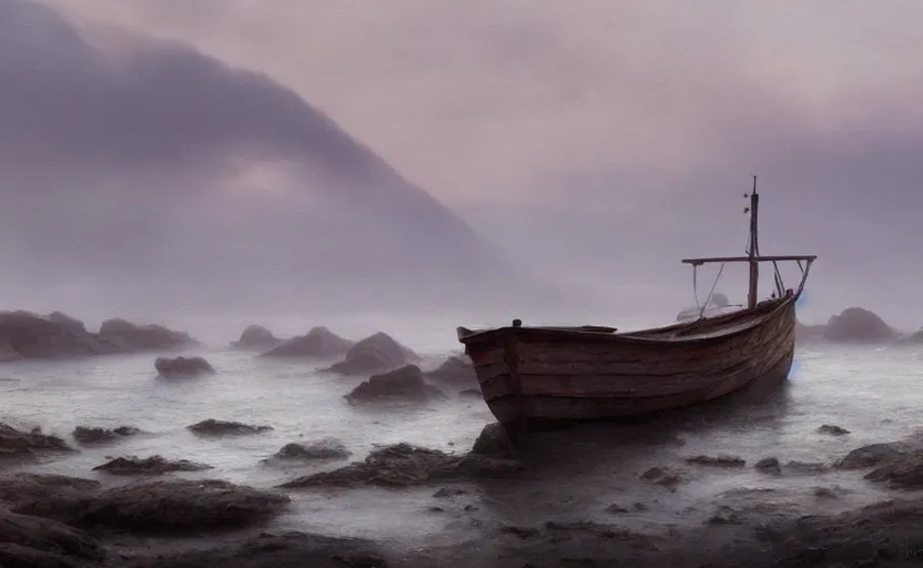 Prompt: old wooden fishing boat, directed by charlie kaufman ( 2 0 0 1 ) anamorphic lenses, a rocky shore in the foreground, foggy volumetric light morning, a beam of light from the heavens, cinematic trending on artstation in the style of greg rutkowski