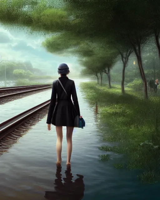 photo of girl walking along train tracks that are | Stable Diffusion ...