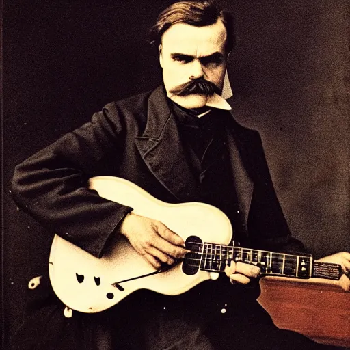 Prompt: Friedrich Nietzsche wearing an all-black outfit and playing an electric guitar in a bar, 8k, cinematic