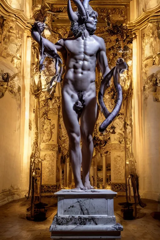 Image similar to a cinematic view of a ornated holy sacred faun statue made by black carrara marble using a old red silk veil and chrome ornaments made by hedi xandt, chris haas and bernini, realistic, macabre art, detailed image, photorealistic, volummetric light