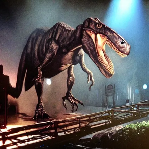 Prompt: scene is jurassic park. many dinosaurs. close up of guitar played by tyrannosaurus rex is rocking out on the bass guitar on stage in the spotlight smoke and pyrotechnics