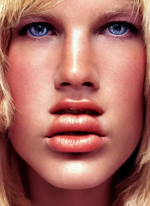 Image similar to kodak portra 400, photographic extreme close-up face of a beautiful woman with blond hair , photographed by Mario Testino , high quality, complementary colors .