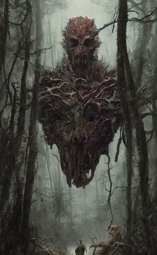 Prompt: portrait of hunting grounds in forest, symmetrical face features, front game card, drark, marvel comics, dark, intricate, highly detailed, smooth, artstation, digital illustration by ruan jia and mandy jurgens and artgerm and wayne barlowe and greg rutkowski and zdislav beksinski