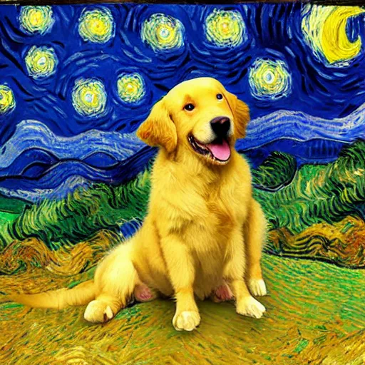 Image similar to painted golden retriever playing in vincent van gogh's starry night