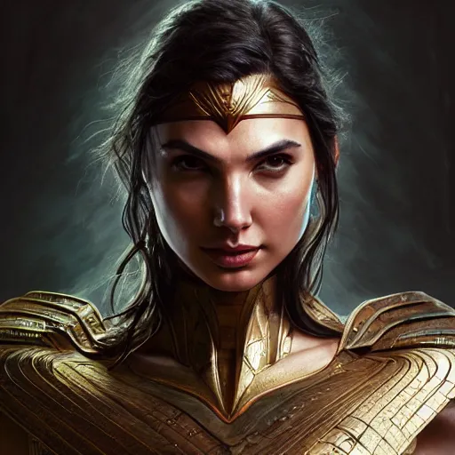 Prompt: painting of gal gadot, bikini armor, ultra realistic, concept art, intricate details, eerie, highly detailed, photorealistic, octane render, 8 k, unreal engine, art by artgerm and greg rutkowski and alphonse mucha