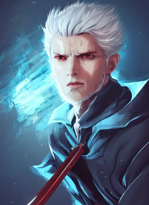 Image similar to a highly detailed illustration of fierce young short slick back white haired man wearing dark blue coat, bright blue eyes, dramatic wielding katana pose, intricate, elegant, highly detailed, centered, digital painting, artstation, concept art, smooth, sharp focus, league of legends concept art, wlop