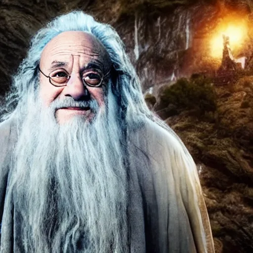 Image similar to danny devito starring as gandalf the white in the 2 0 2 4 lord of the rings movie, full body, hyper realistic, high quality, wide angle