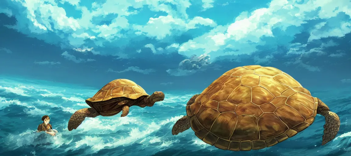 Prompt: a giant turtle with an island on its back, floating in the ocean, fantasy painting by Studio Ghibli,trending on artstation