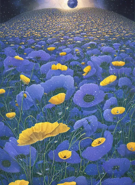 Image similar to detailed, intricate blue black and purple papaverum flower on the field, nebula, galaxy in the sky, winning award masterpiece, fantastically beautiful, illustration, aestheticly inspired, jacek yerka, upscale with anguissola sofonisba work, artstation, 8 k