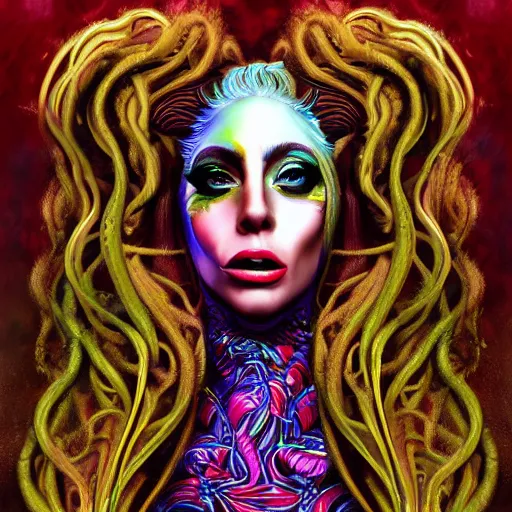 Image similar to an extremely psychedelic portrait of medusa as lady gaga, surreal, lsd, face, detailed, intricate, elegant, lithe, highly detailed, digital painting, artstation, concept art, smooth, sharp focus, illustration,