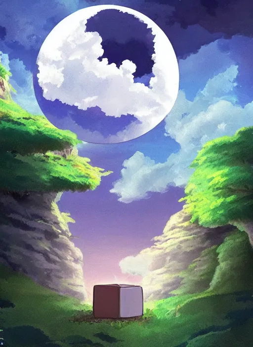 Image similar to an asymmetrical cell - shaded studio ghibli concept art study of a dark cube inside a transparent bubble in the sky. wide shot, very dull colors, hd, 4 k, hq