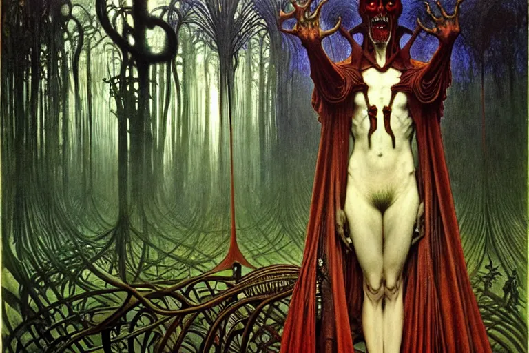 Image similar to realistic extremely detailed portrait painting of an elegantly creepy vampire man dressed as dracula, futuristic sci-fi forest on background by Jean Delville, Amano, Yves Tanguy, Alphonse Mucha, Ernst Haeckel, Edward Robert Hughes, Roger Dean, rich moody colours