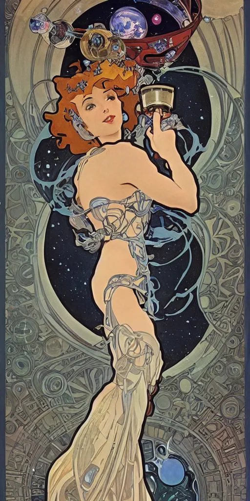 Image similar to a woman wearing outer space as a dress, pouring water from a vase into the milky way, by joe madura, by alphonse mucha, battle chasers.