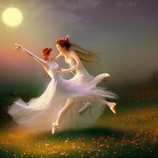 Prompt: the moonlit dance of the fae, dancers in white dancing across a flower meadow the moonlit dance by elena vizerskaya and ivan aivazovsky, perfectly detailed, artstation, sharp focus, highly detailed, studio photography