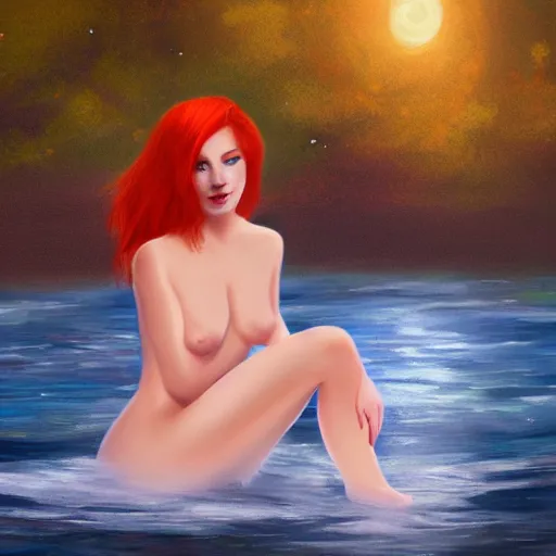 Image similar to redhead beautiful girl bathing in a river, illustration, night moonlight, digital art, oil painting, fantasy, 8 k, trending on artstation, detailed