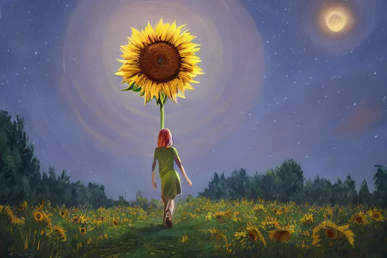 Image similar to giant sunflower as a face, girl walking between trees, hills, surreal photography, dark night, star trails, dramatic light, impressionist painting, clouds, digital painting, artstation, simon stalenhag