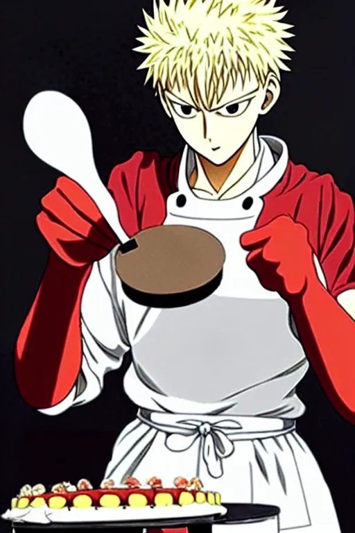 Prompt: chef saitama one punch man, dressed as a pastry chef, focused at making a cake, beautiful anime artwork