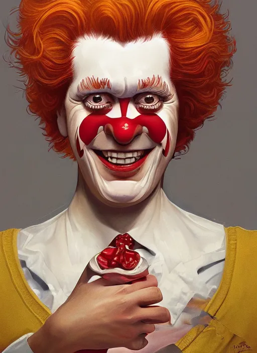 Image similar to portrait of Ronald McDonald in Society (1989), intricate, highly detailed, centered, digital painting, artstation, concept art, smooth, sharp focus, illustration, artgerm, donato giancola, Joseph Christian Leyendecker, WLOP, Artgerm