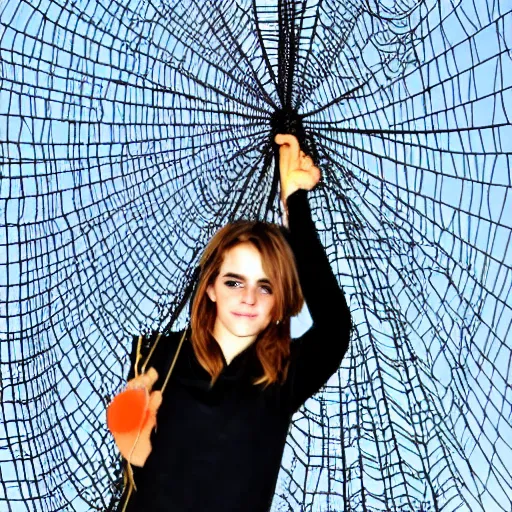 Image similar to advice animal meme emma watson hanging from and trapped in a giant spider web