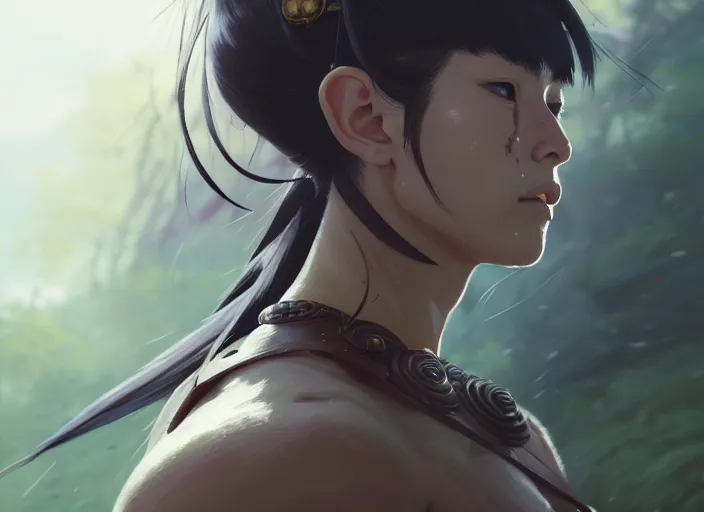 Prompt: a film still portrait of a warrior woman, finely detailed features, closeup at the face, sharp focus, perfect art, at lush forest background, cinematic lighting, intricate, anime!! gapmoe grimdark, artstation, trending on pixiv fanbox, painted by greg rutkowski makoto shinkai takashi takeuchi studio ghibli, akihiko yoshida