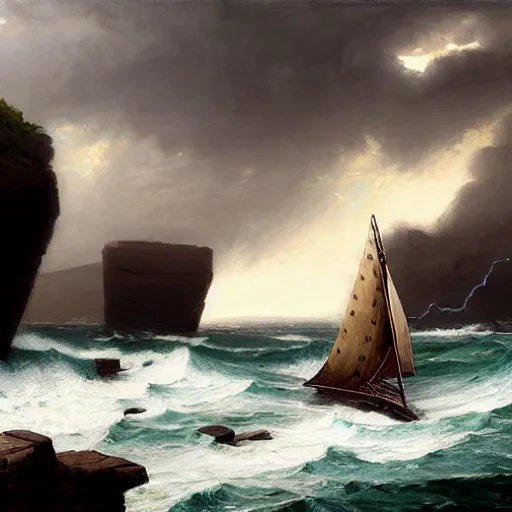 Image similar to a fleet of ancient trojan sailboats, amidst crashing waves and huge looming rocks, whirlpool, trireme, skiff, wooden sailboats, by greg rutkowski, grim, lightning flashes, sky swirling with black wind, dark sky, dramatic, realistic, detailed, ancient, artstation, artgerm, digital painting