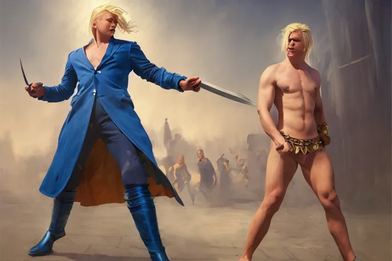 Prompt: a blond man in a blue suit with a sword fighting a bare chested asian gladiator, organic painting, sunny day, matte painting, bold shapes, hard edges, street art, trending on artstation, by huang guangjian, gil elvgren, ruan jia, randy vargas, greg rutkowski