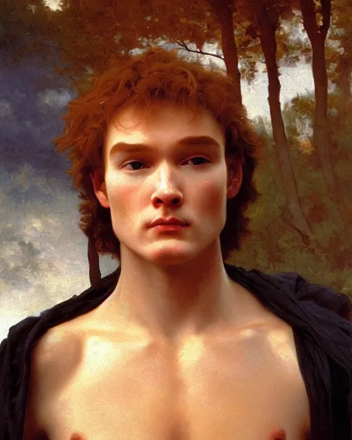 Image similar to beautiful glorious realistic oil painting of young conan 0'brien, bokeh, baroque style by bouguereau, sunset, highly detailed, 8 k intricate