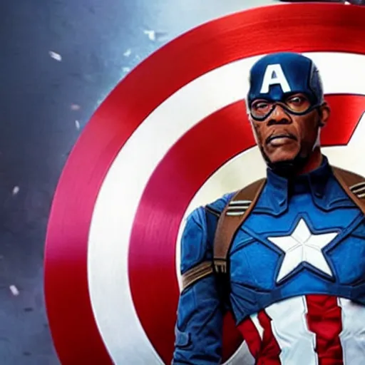 Image similar to film still of Samuel L Jackson as Captain America, in new Avengers film