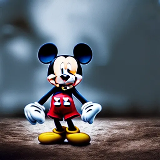 Prompt: Mickey Mouse as a demon, photorealistic, film still, desolate, terrifying, weird, strange, odd, uncanny, horrifying, horrific, spine-chilling, sinister, menacing, ominous, threatening