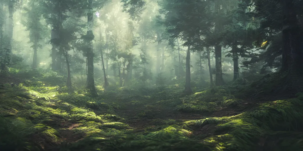 Prompt: a forest, oil painting, cinematic angle, hyperrealistic, volumetric lighting, dynamic, Studio Ghibli, digital art, octane render, post-processing, beautiful composition, trending on artstation, masterpiece