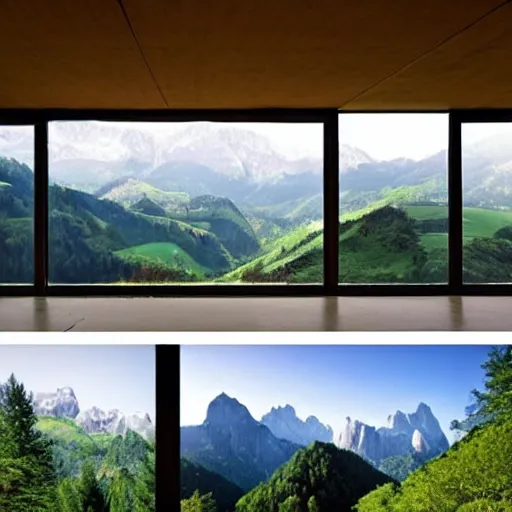 Prompt: lush and beautiful green mountain landscape, with a brutalist futuristic building, architecture, unpainted concrete, swiss alps, dolomites, glass and mirrors, by aalto alvar, by ando tadao, by chipperfield david, frank lloyd wright, by peter zumthor