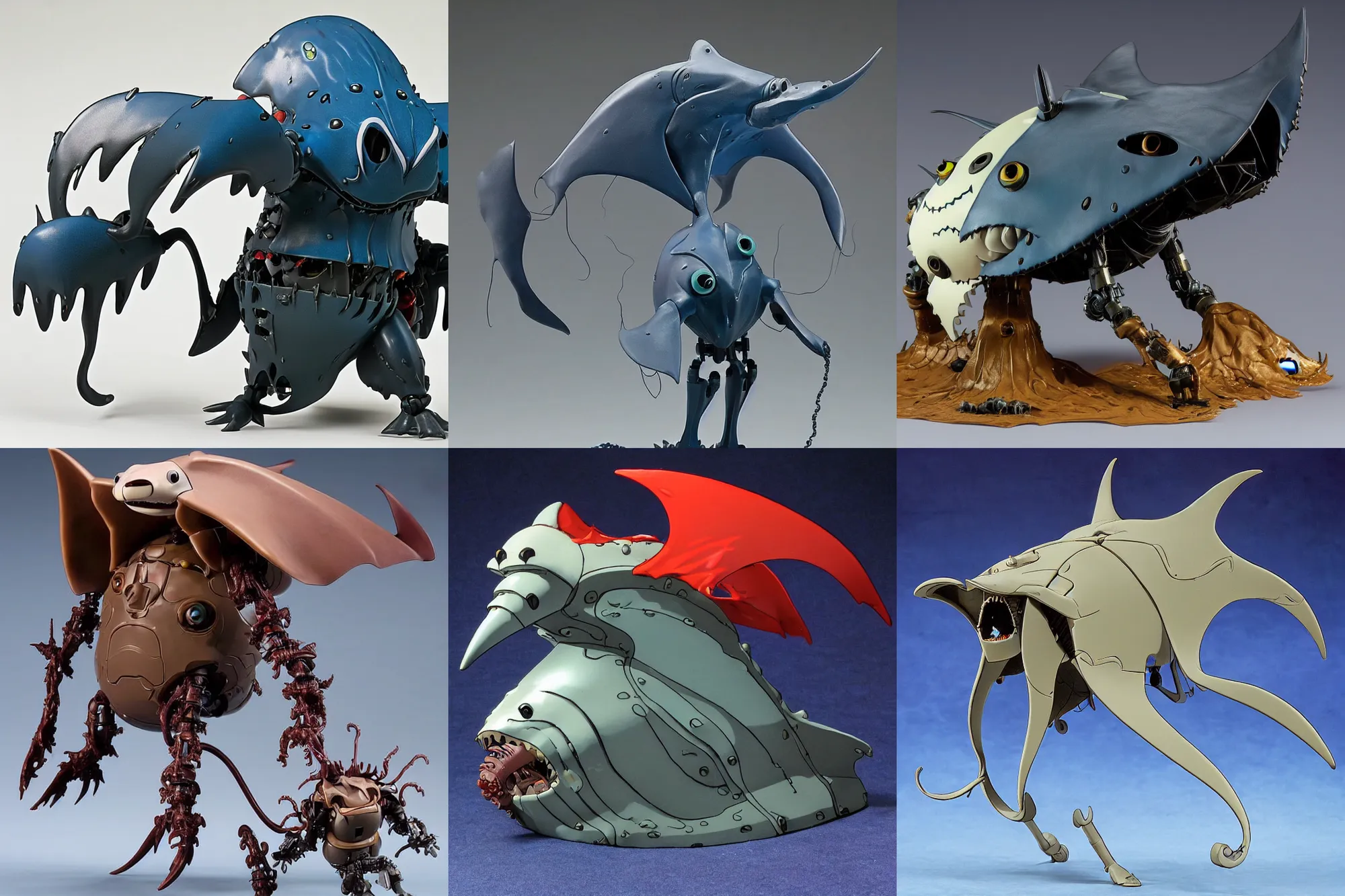 Prompt: A Lovecraftian scary giant mechanized adorable manta ray from Studio Ghibli Howl's Moving Castle (2004) as a 1980's Kenner style action figure, 5 points of articulation, full body, 4k, highly detailed. award winning sci-fi. look at all that detail!