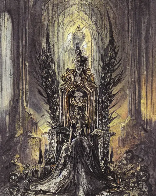 Image similar to an illustration of a dark queen on a throne at night by marc davis and by gustave moreau, realistic, gouache, painting