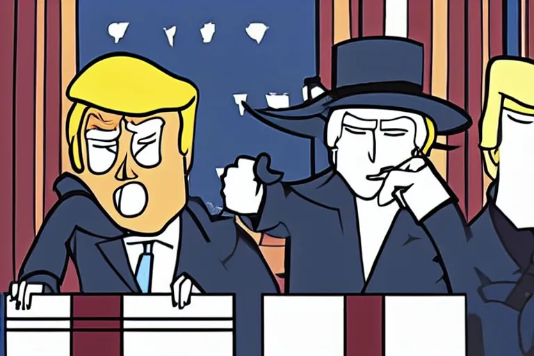 Image similar to 2 d poster illlustration donald trump and donald trump wearing trenchcoats and black spy hats, stacks of boxes everywhere and a safe broken open for the movie spy vs spy