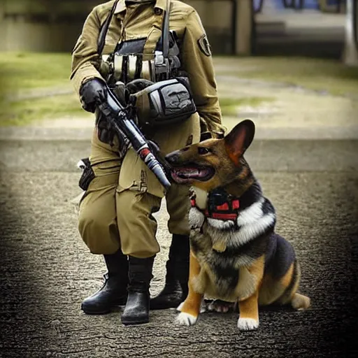 Image similar to female soldier with corgi sniffer dog, old photograph in sci-fi city digital art