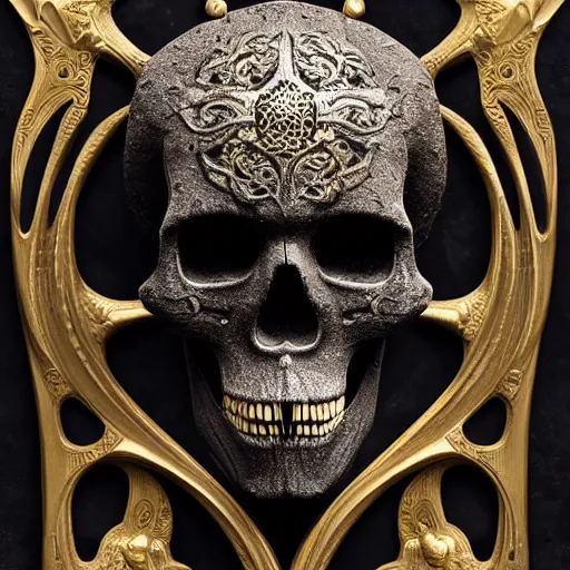 Image similar to skull in black concrete with intricate gold inlay carving in art nouveau style, hyper detailed, insane details, intricate, elegant, luxury, dramatic lighting, CGsociety, hypermaximalist, golden ratio, fog, overcast lighting, moody atmosphere, environmental key art, octane render, weta digital, micro details, 3d sculpture, ray trace, 8k