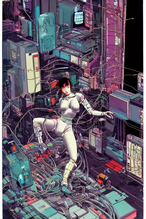 Image similar to a crazy cyberpunk illustration of a female android seated on the floor in a tech labor, seen from the side with her body open showing cables and wires coming out, by masamune shirow and katsuhiro otomo, japan, 1980s, dark, colorful