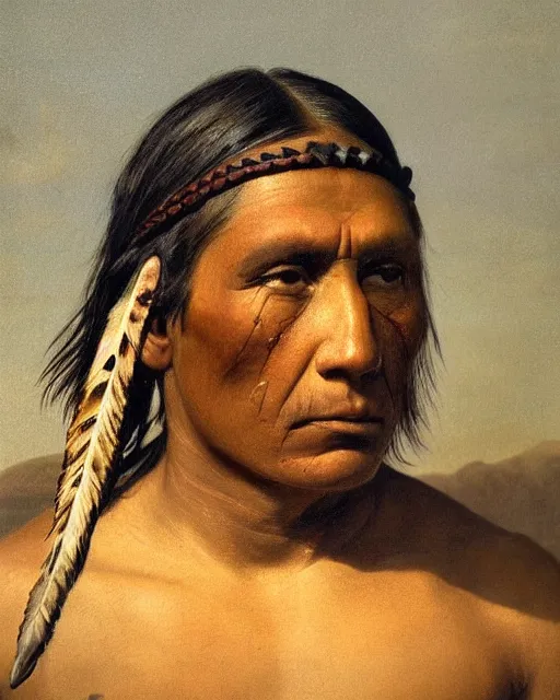 Prompt: a head and shoulder painting of a rugged scarred American native Apache warrior with an eagle feather in his braided head-ban with a hilly Texas hill-country background, in the style of Albert Bierstadt and George Catlin, insanely detailed, extremely moody lighting, glowing light and shadow, atmospheric