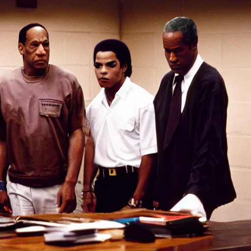 Image similar to bill cosby, michael jackson, and oj simpson in a prison cell together, award winning, 8k