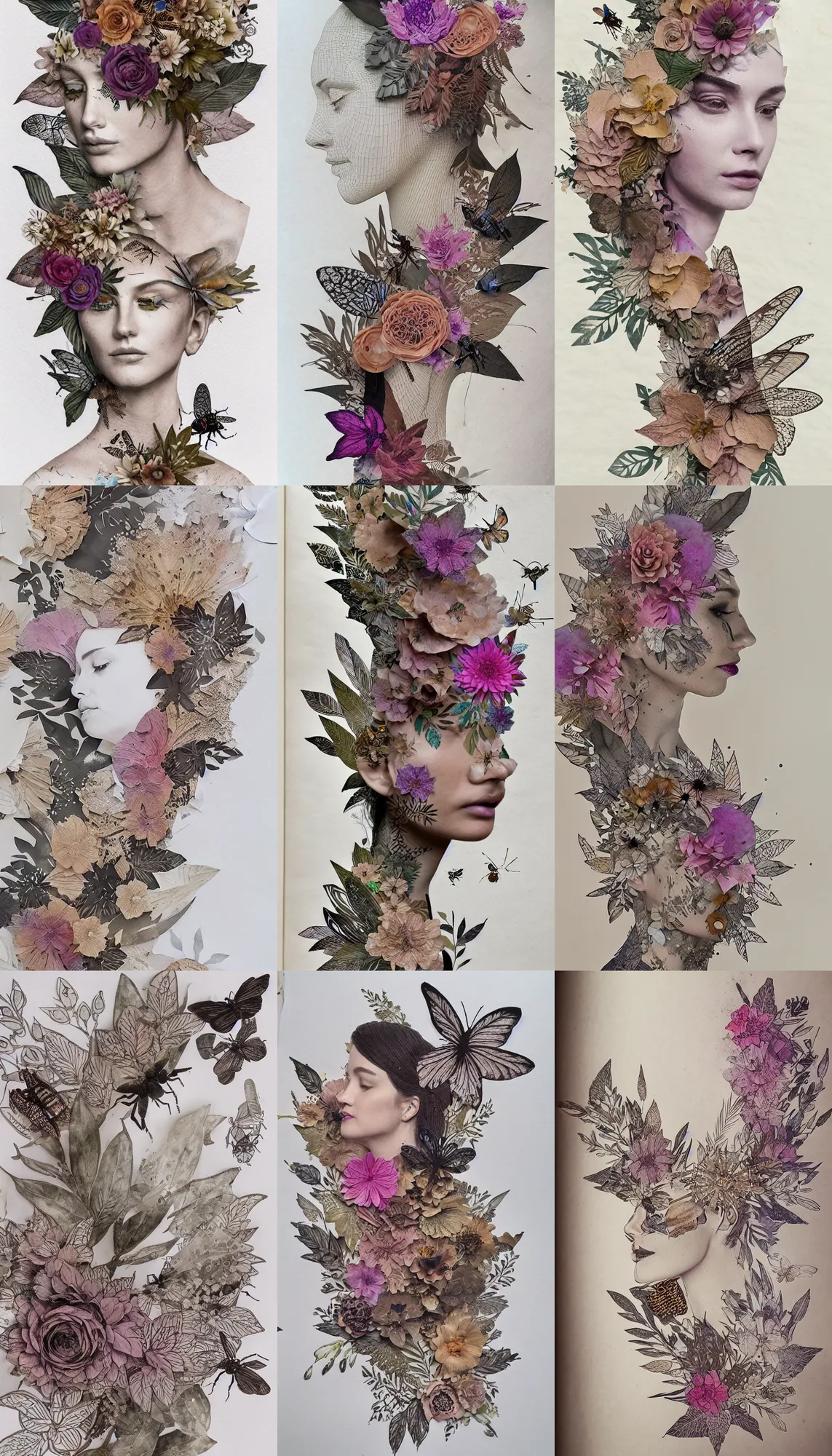 Prompt: 3 d rendered cut outs of florals and insects glued on top of partly hidden alluring face, ink en pen intricate foliage filling the page up, coffee stains in the background, divine proportion, mixed media, hyperrealistic, unreal engine, muted colours